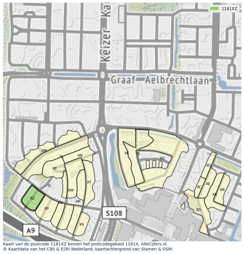 Afbeelding van het postcodegebied 1181 XZ op de kaart.