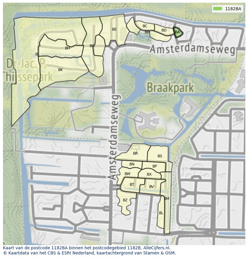 Afbeelding van het postcodegebied 1182 BA op de kaart.