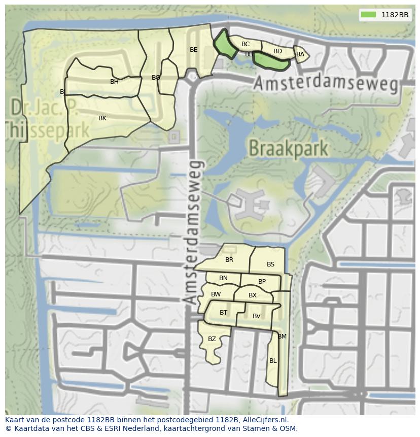 Afbeelding van het postcodegebied 1182 BB op de kaart.