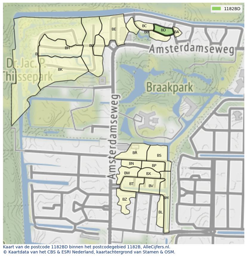 Afbeelding van het postcodegebied 1182 BD op de kaart.