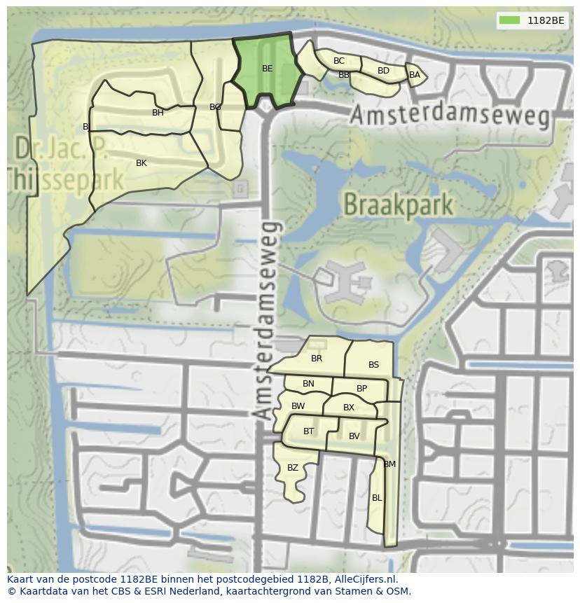 Afbeelding van het postcodegebied 1182 BE op de kaart.