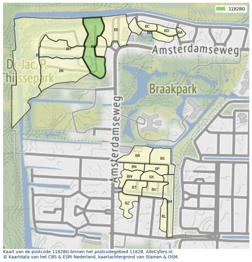 Afbeelding van het postcodegebied 1182 BG op de kaart.