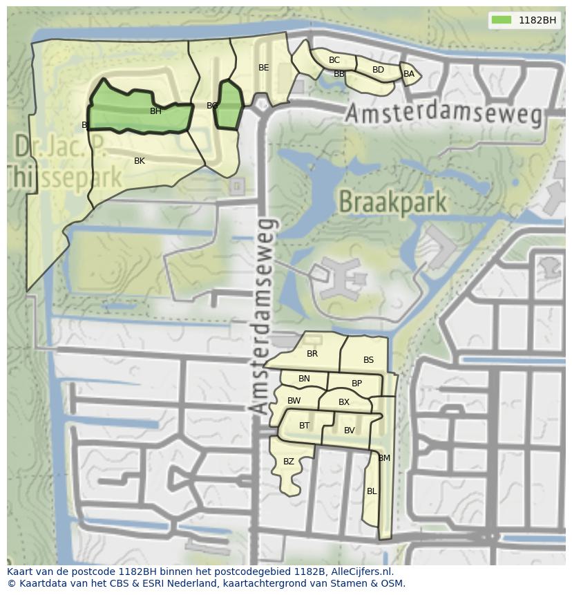 Afbeelding van het postcodegebied 1182 BH op de kaart.