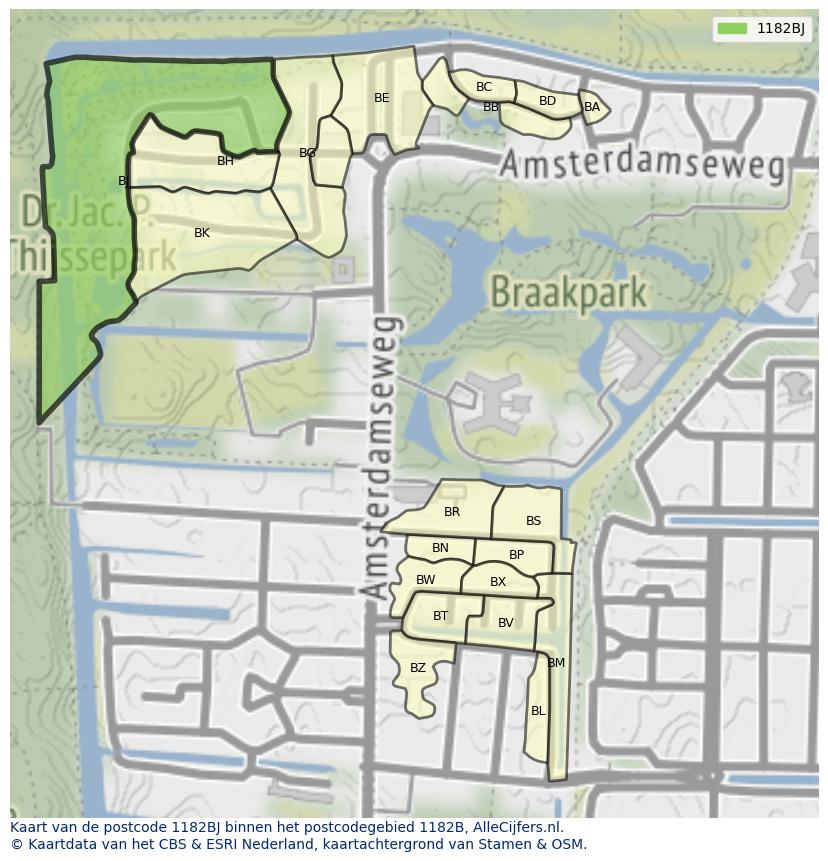 Afbeelding van het postcodegebied 1182 BJ op de kaart.