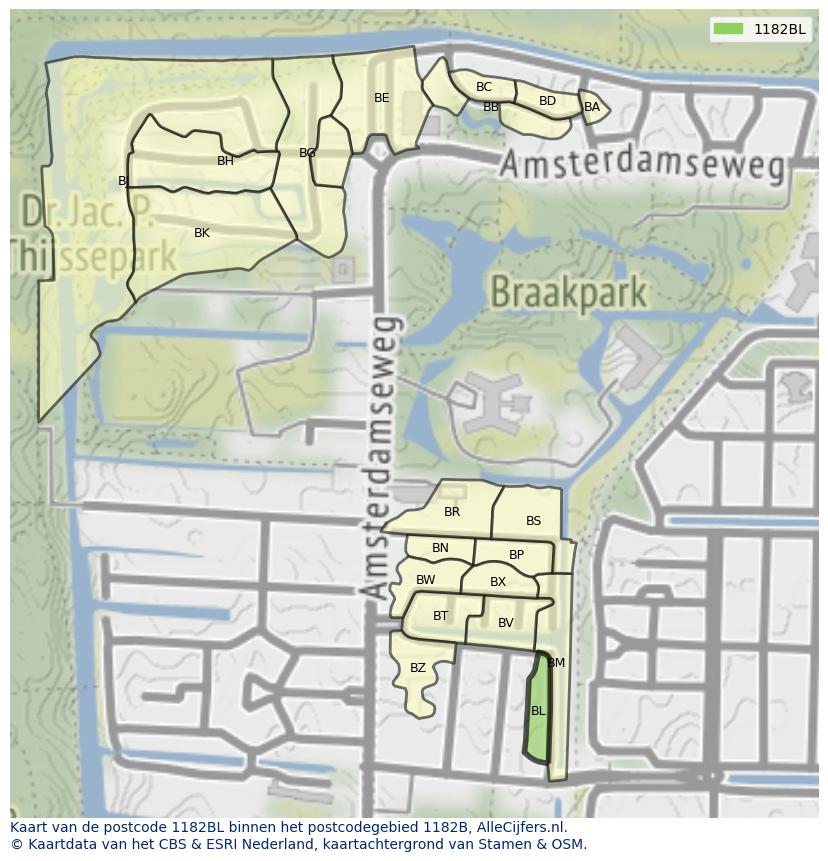 Afbeelding van het postcodegebied 1182 BL op de kaart.