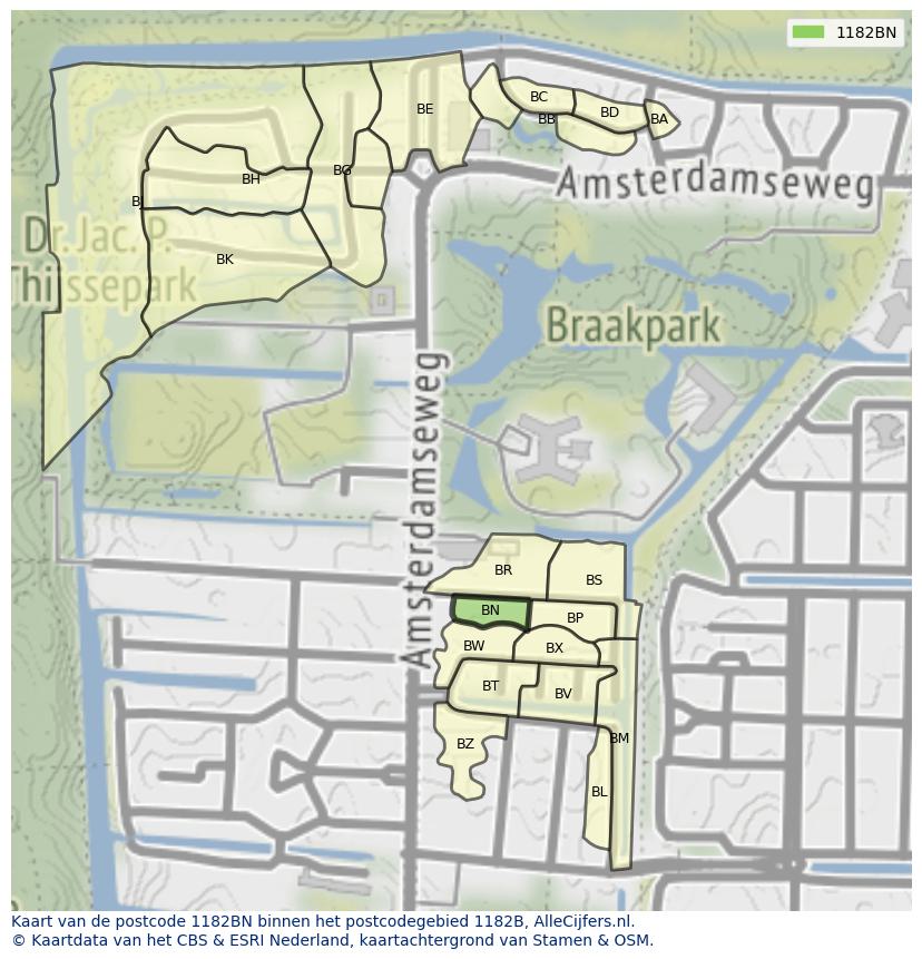 Afbeelding van het postcodegebied 1182 BN op de kaart.