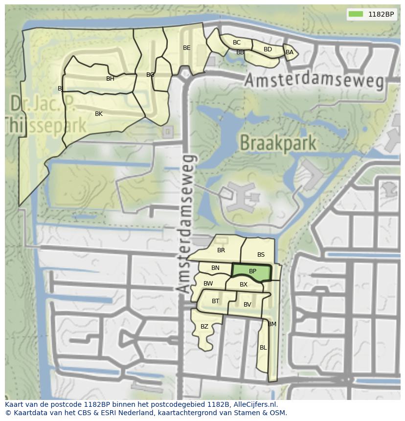 Afbeelding van het postcodegebied 1182 BP op de kaart.