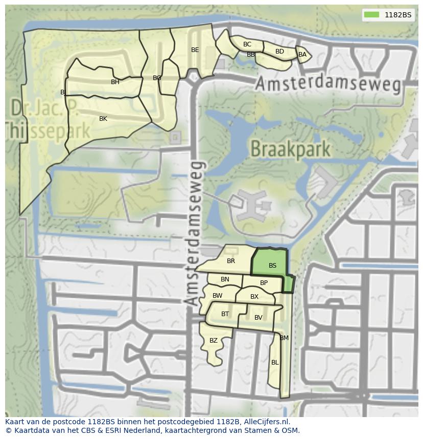 Afbeelding van het postcodegebied 1182 BS op de kaart.