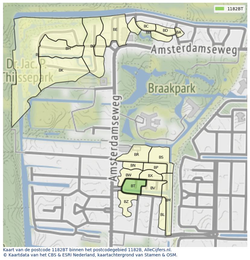 Afbeelding van het postcodegebied 1182 BT op de kaart.