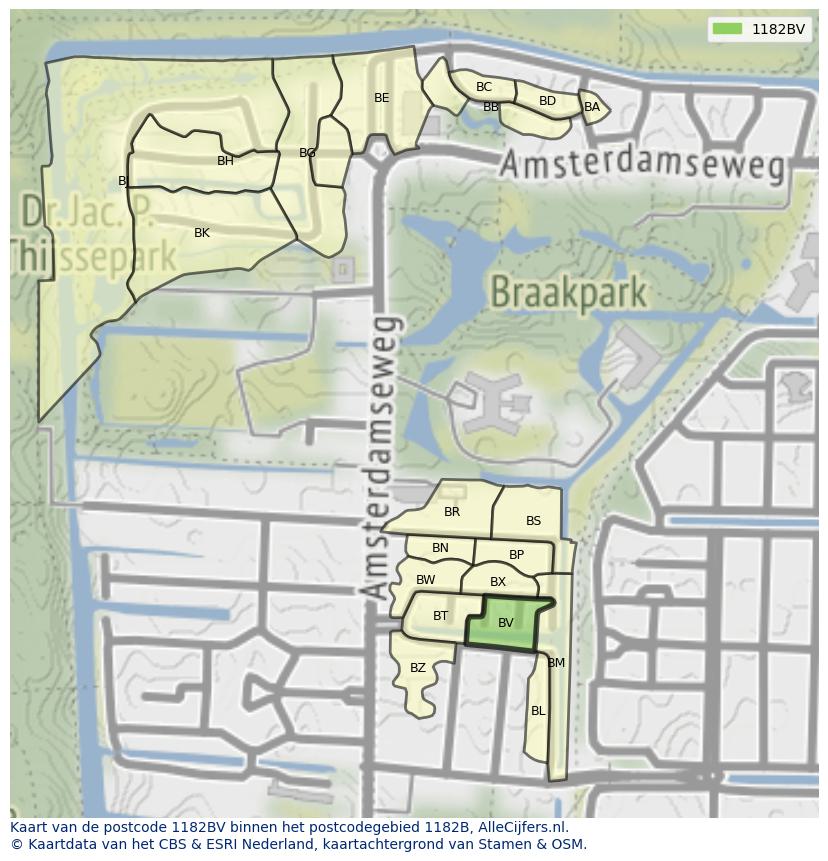 Afbeelding van het postcodegebied 1182 BV op de kaart.