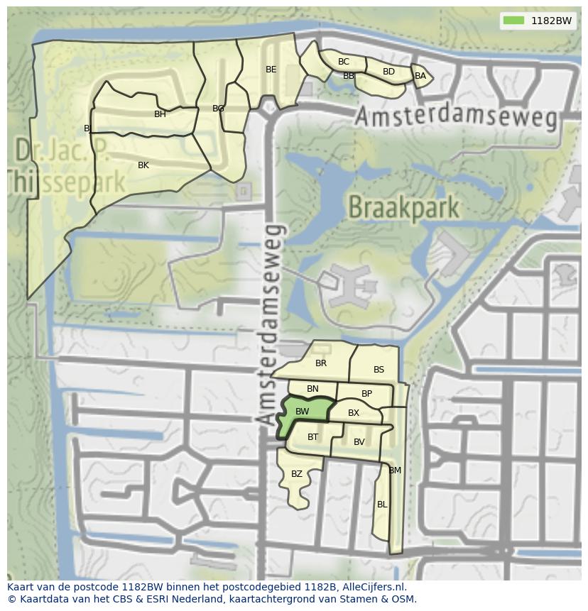 Afbeelding van het postcodegebied 1182 BW op de kaart.