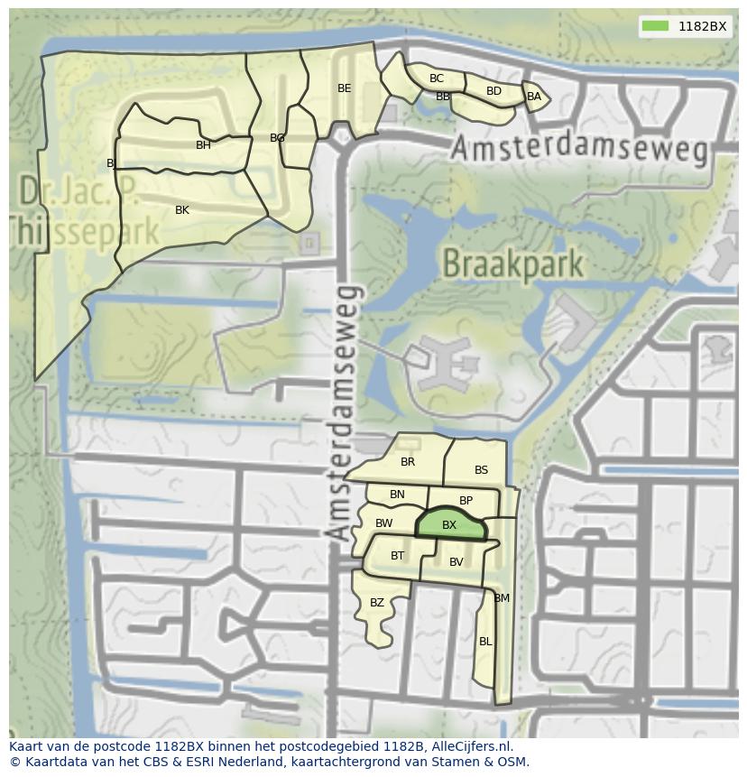 Afbeelding van het postcodegebied 1182 BX op de kaart.
