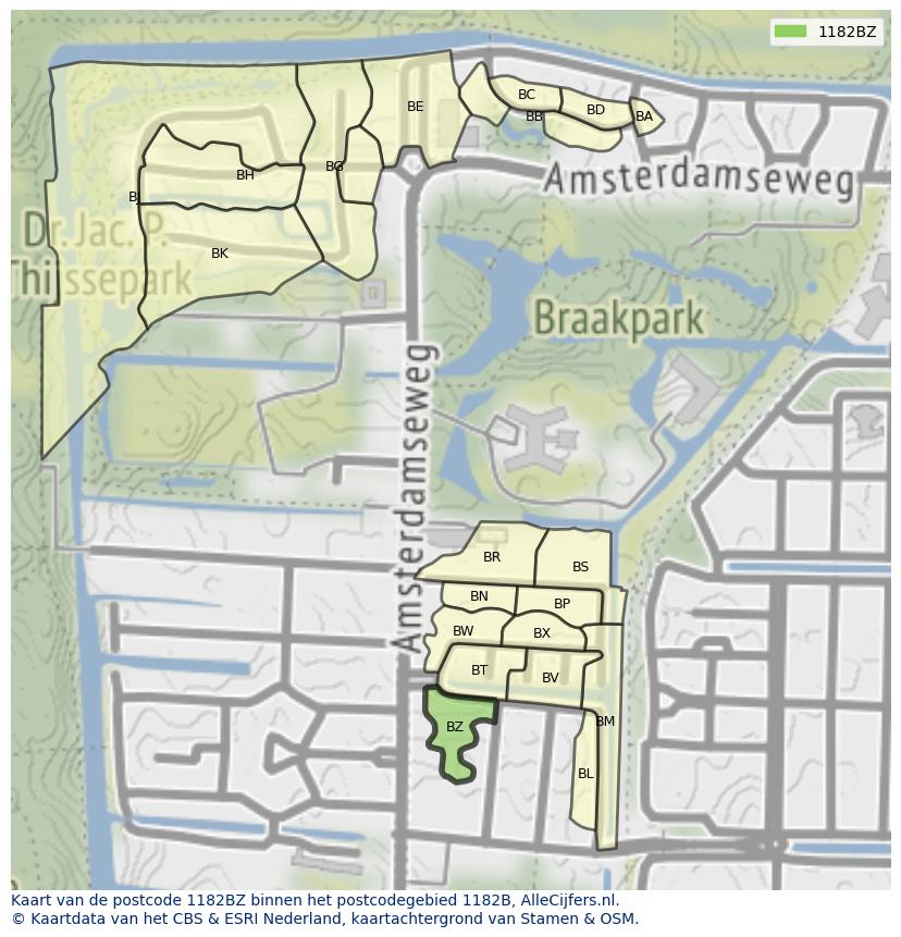 Afbeelding van het postcodegebied 1182 BZ op de kaart.