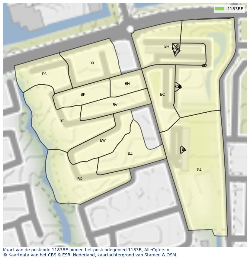 Afbeelding van het postcodegebied 1183 BE op de kaart.