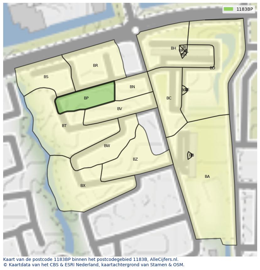 Afbeelding van het postcodegebied 1183 BP op de kaart.