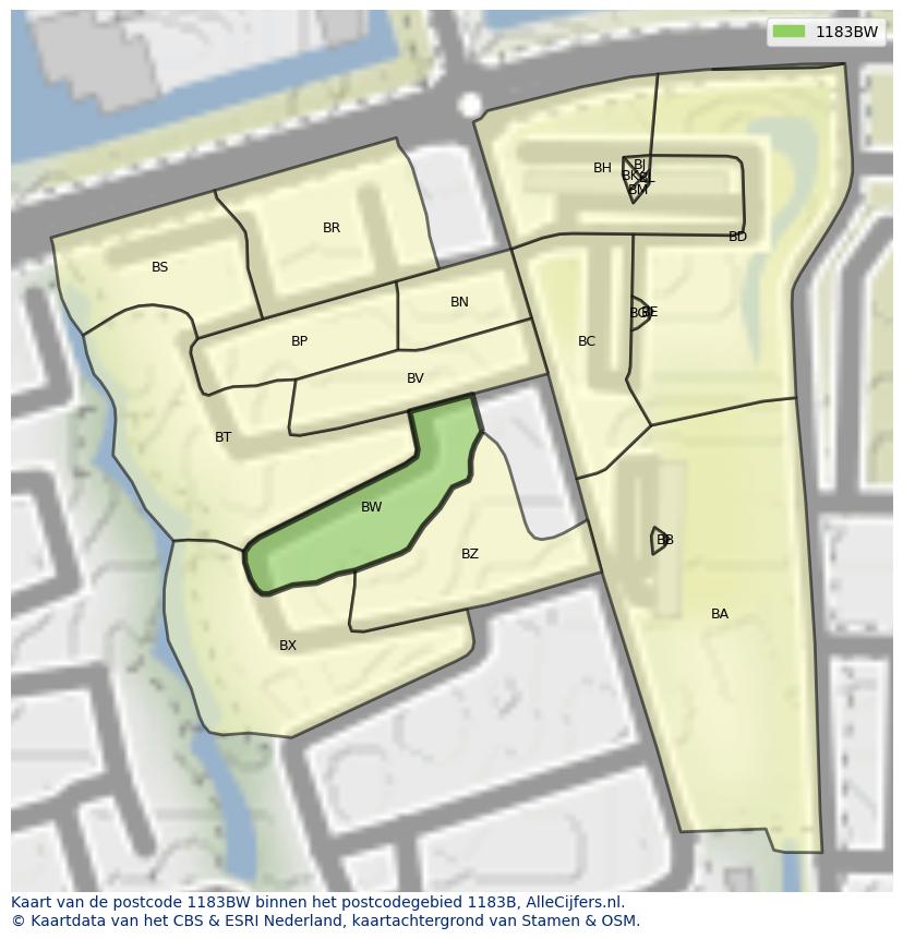 Afbeelding van het postcodegebied 1183 BW op de kaart.