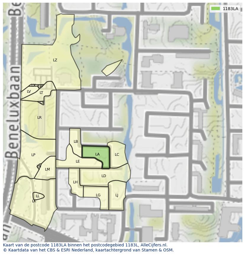 Afbeelding van het postcodegebied 1183 LA op de kaart.