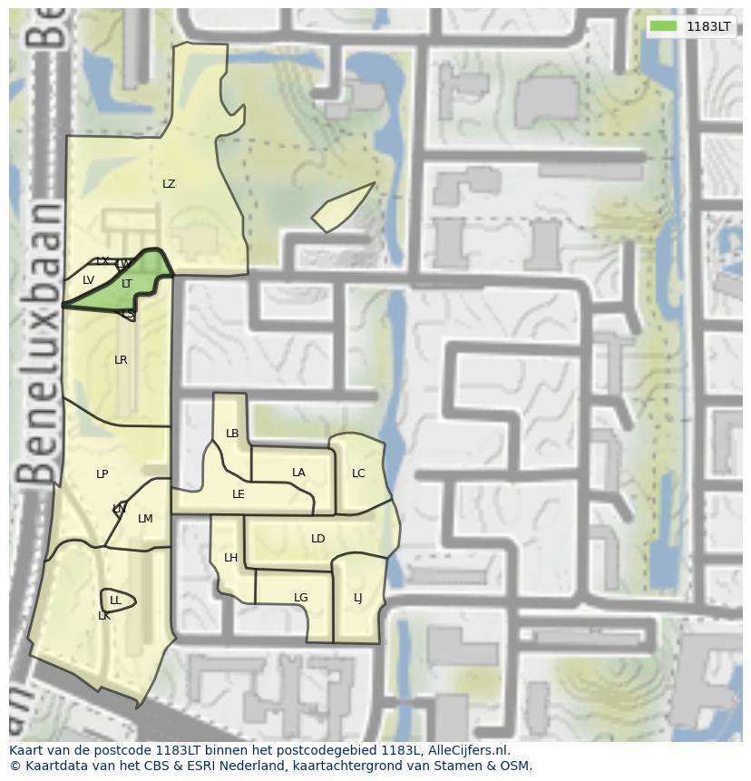 Afbeelding van het postcodegebied 1183 LT op de kaart.