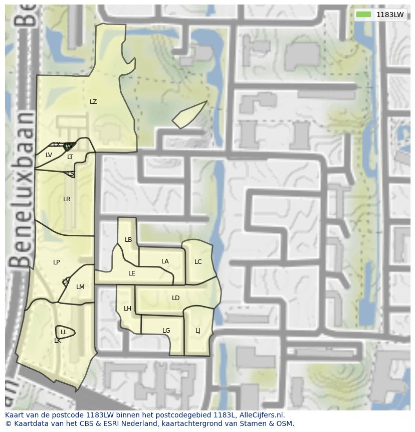 Afbeelding van het postcodegebied 1183 LW op de kaart.