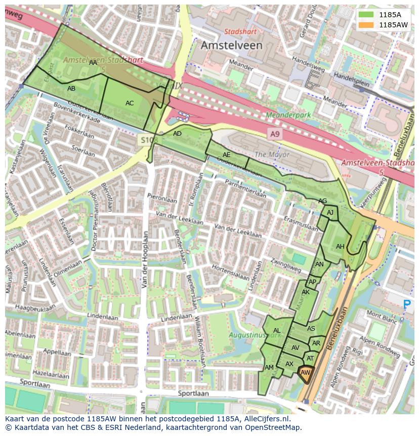 Afbeelding van het postcodegebied 1185 AW op de kaart.