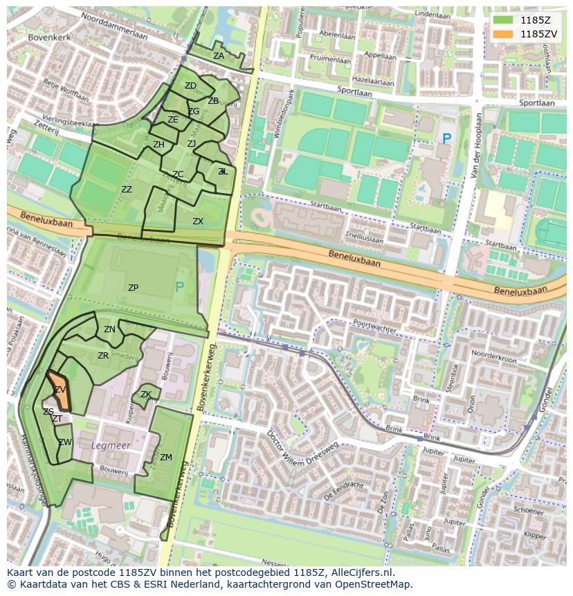 Afbeelding van het postcodegebied 1185 ZV op de kaart.