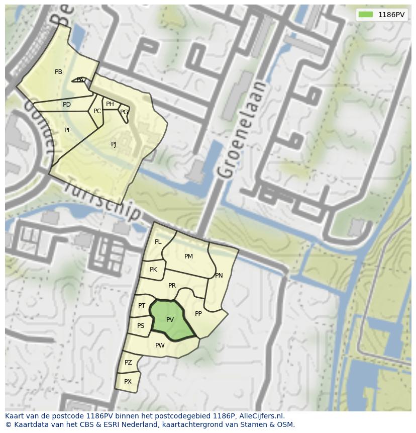 Afbeelding van het postcodegebied 1186 PV op de kaart.