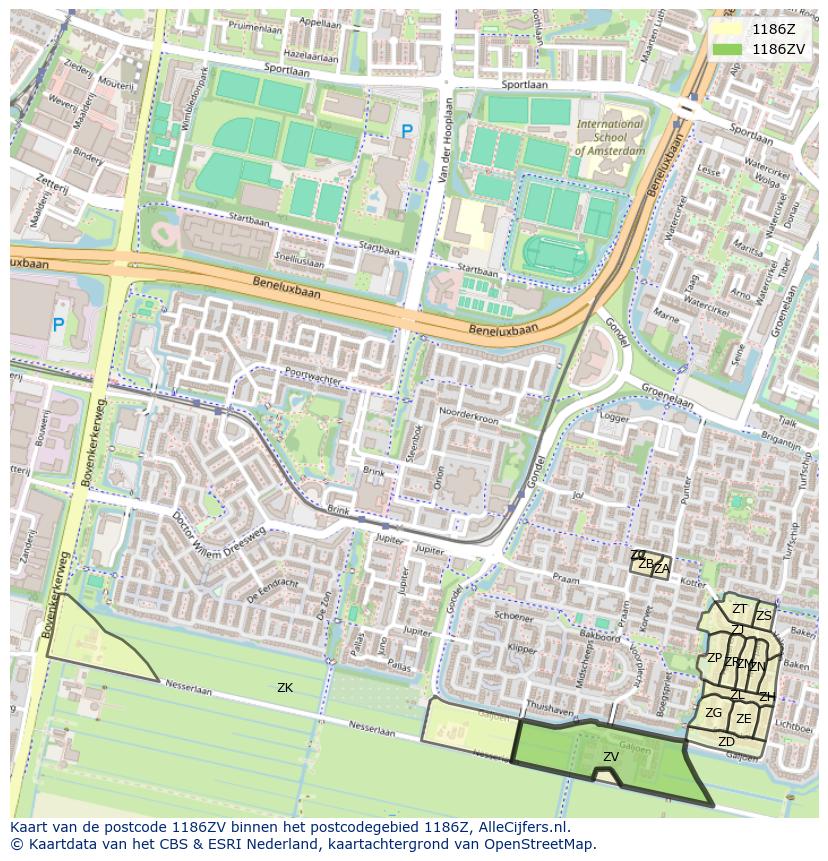 Afbeelding van het postcodegebied 1186 ZV op de kaart.