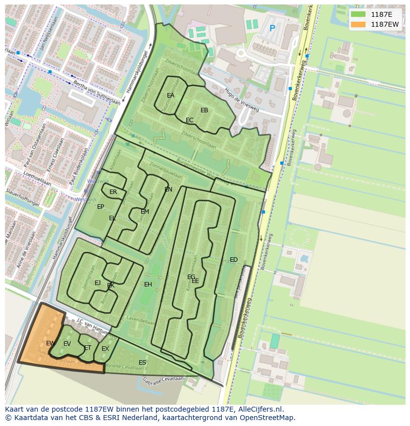 Afbeelding van het postcodegebied 1187 EW op de kaart.