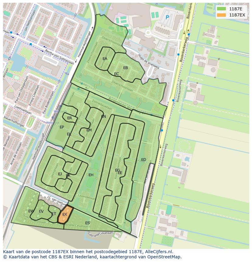 Afbeelding van het postcodegebied 1187 EX op de kaart.