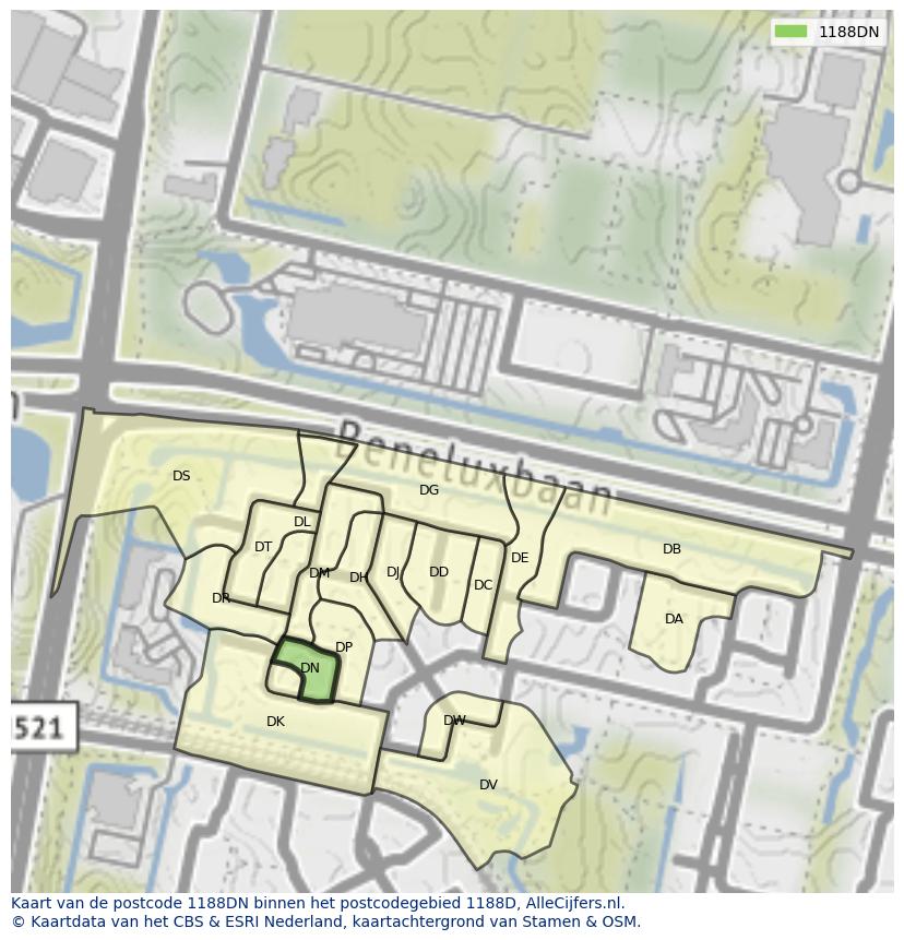 Afbeelding van het postcodegebied 1188 DN op de kaart.