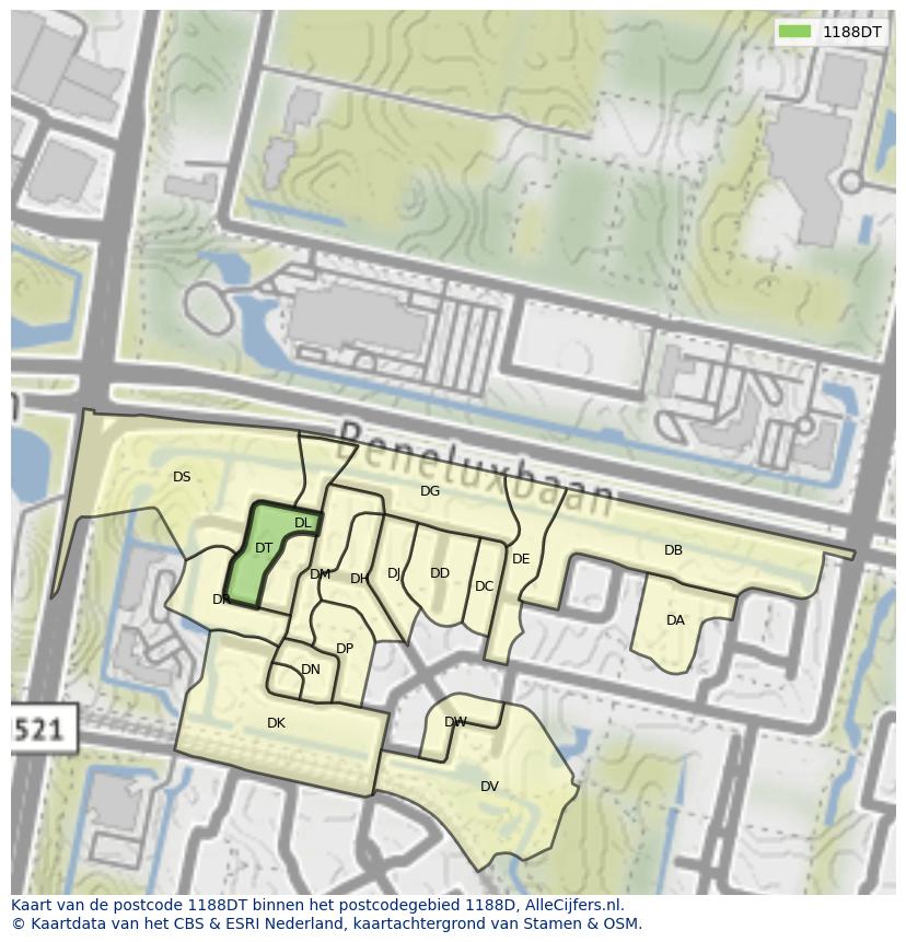 Afbeelding van het postcodegebied 1188 DT op de kaart.