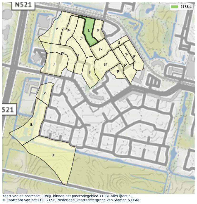Afbeelding van het postcodegebied 1188 JL op de kaart.