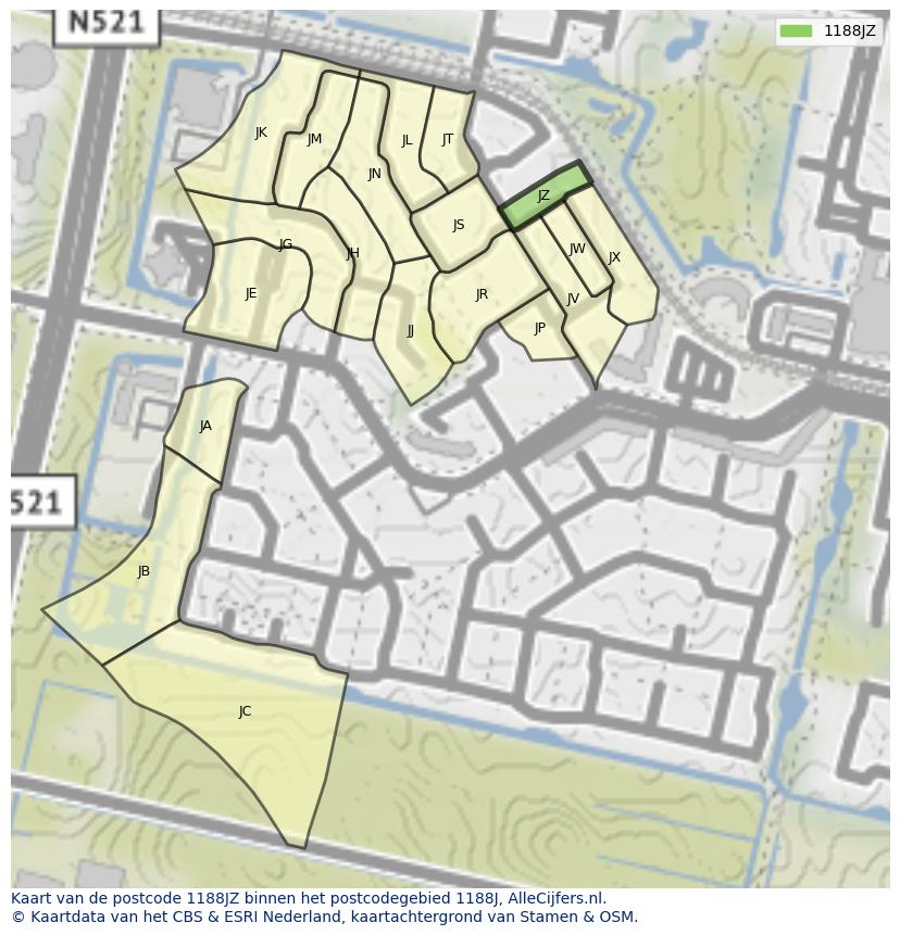 Afbeelding van het postcodegebied 1188 JZ op de kaart.