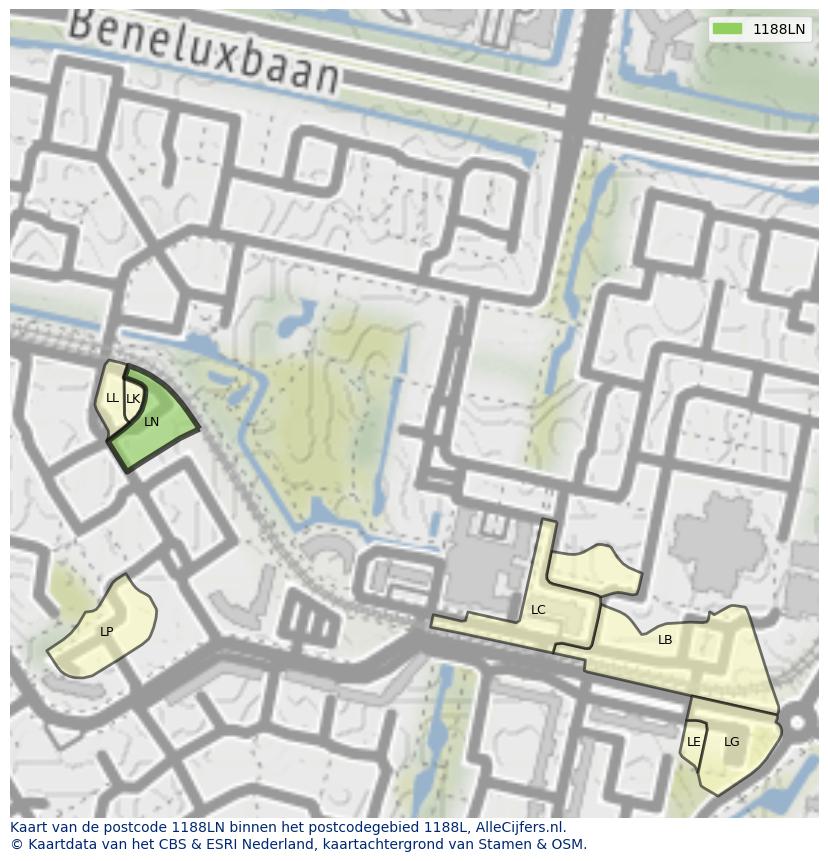 Afbeelding van het postcodegebied 1188 LN op de kaart.