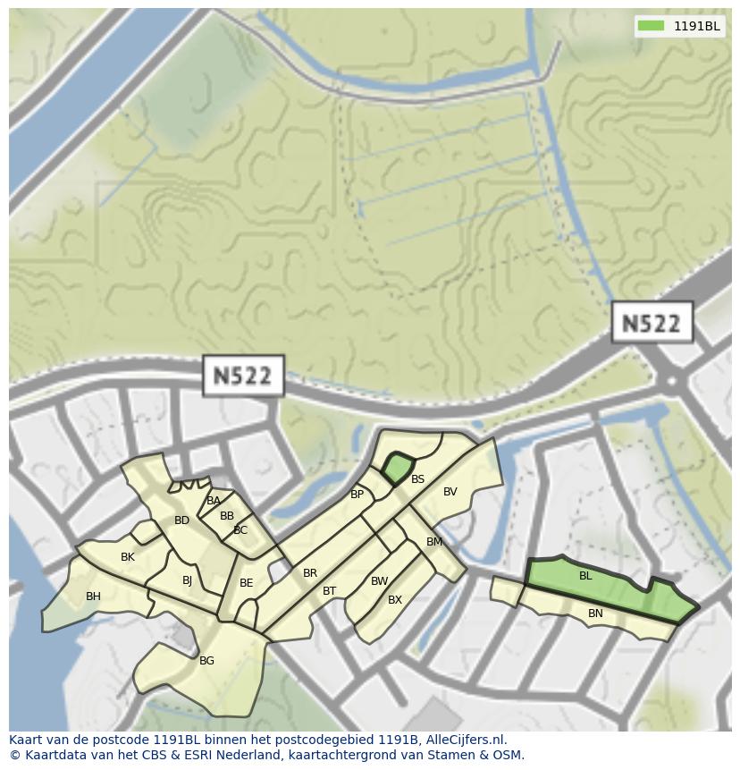 Afbeelding van het postcodegebied 1191 BL op de kaart.