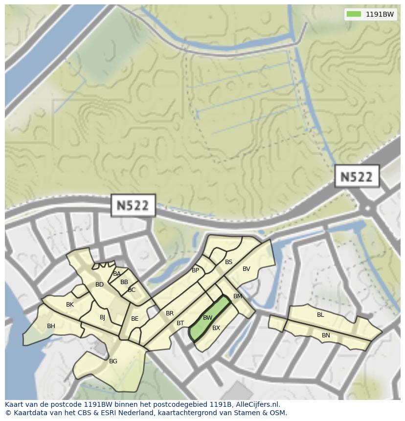 Afbeelding van het postcodegebied 1191 BW op de kaart.