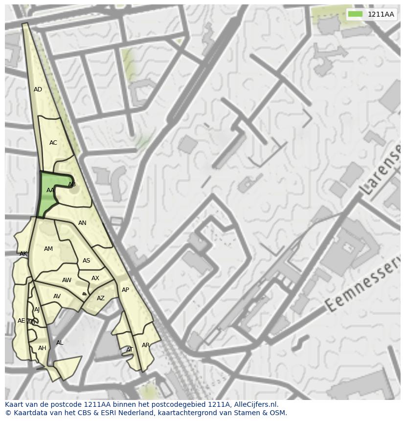 Afbeelding van het postcodegebied 1211 AA op de kaart.