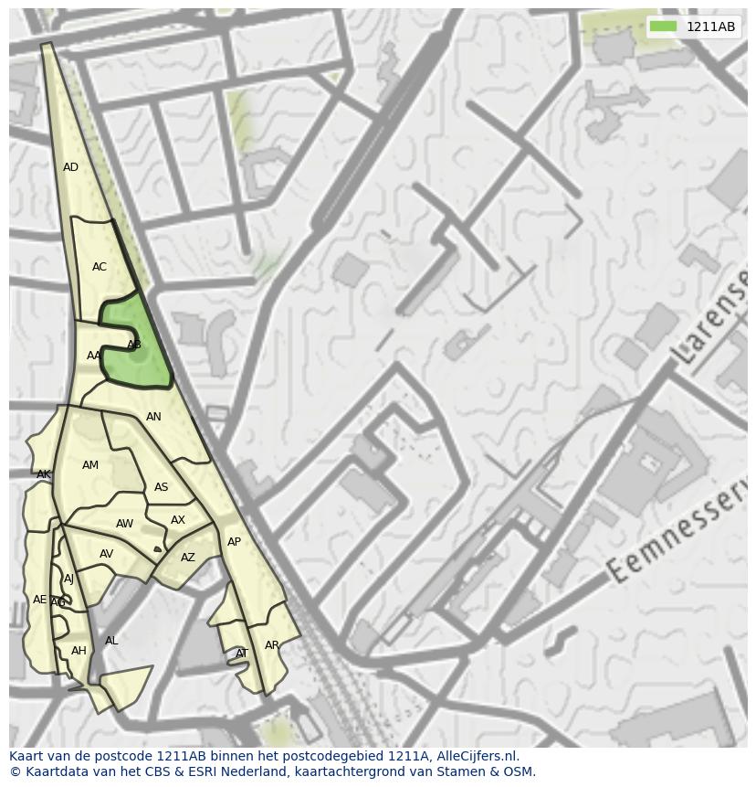 Afbeelding van het postcodegebied 1211 AB op de kaart.
