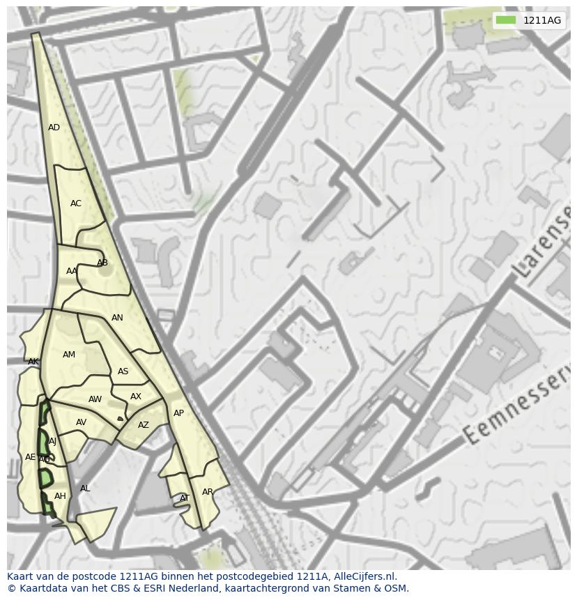 Afbeelding van het postcodegebied 1211 AG op de kaart.