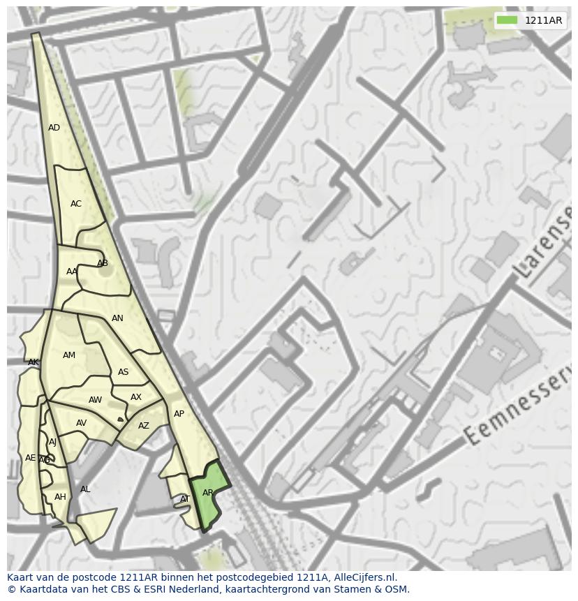 Afbeelding van het postcodegebied 1211 AR op de kaart.