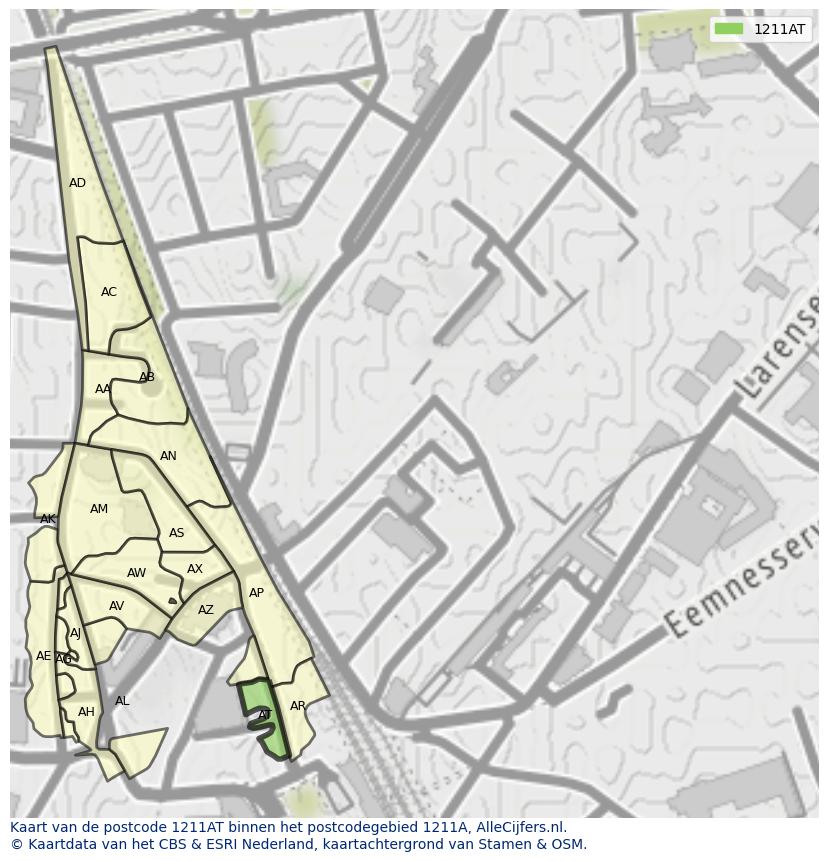Afbeelding van het postcodegebied 1211 AT op de kaart.