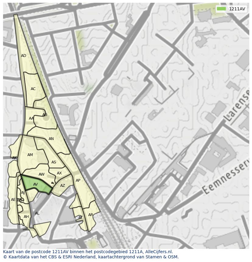 Afbeelding van het postcodegebied 1211 AV op de kaart.