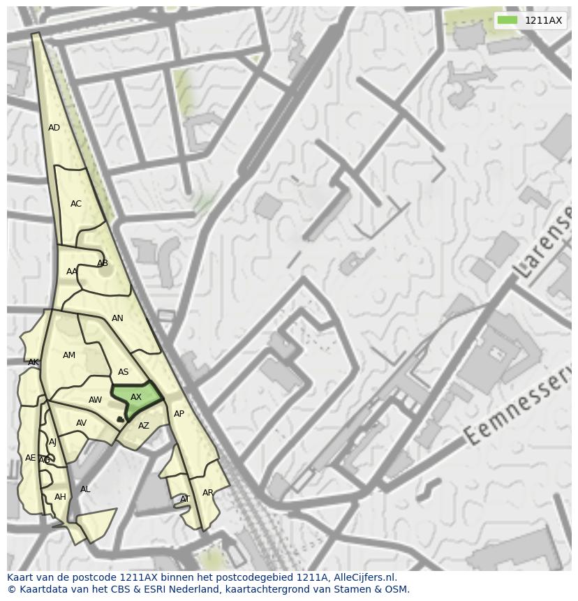 Afbeelding van het postcodegebied 1211 AX op de kaart.