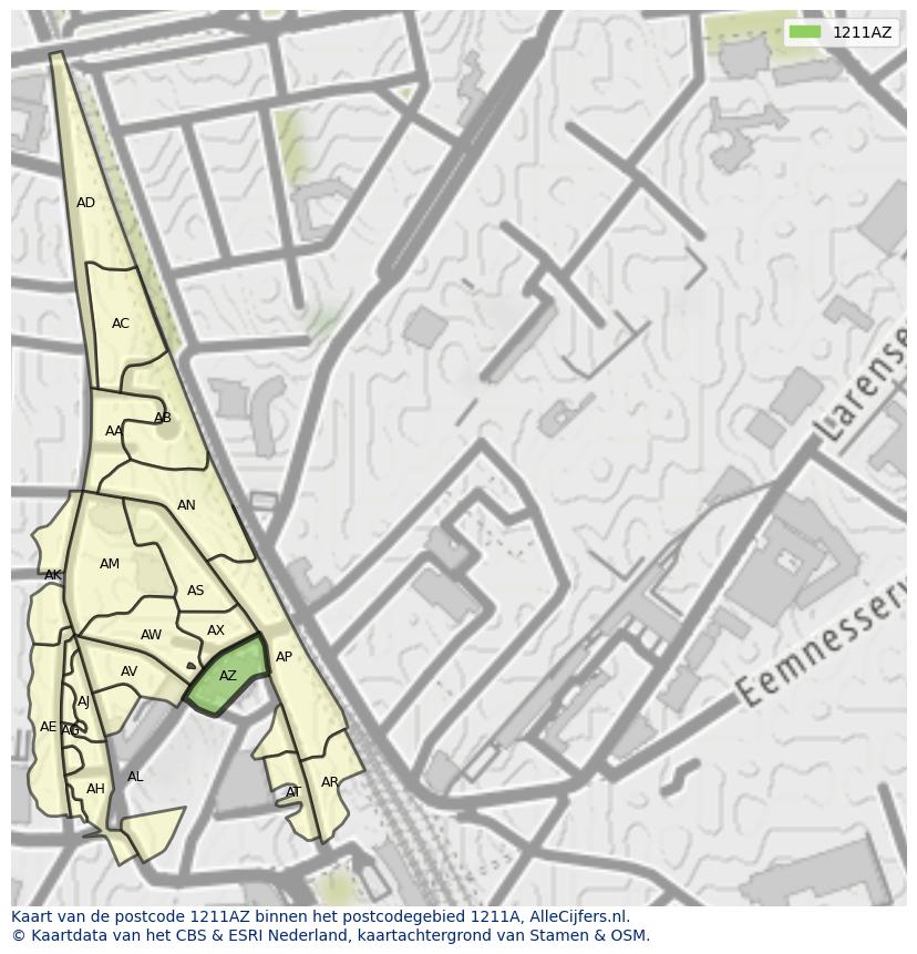 Afbeelding van het postcodegebied 1211 AZ op de kaart.