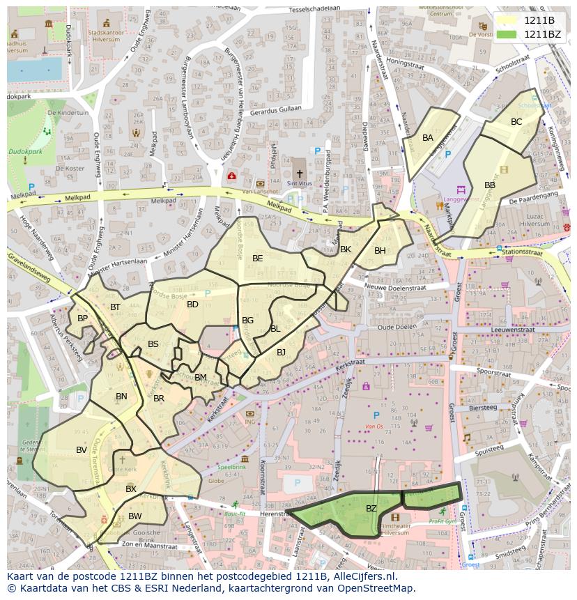 Afbeelding van het postcodegebied 1211 BZ op de kaart.