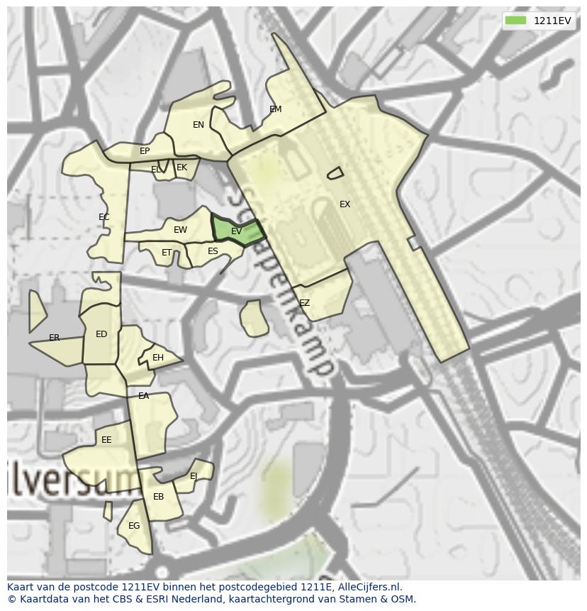 Afbeelding van het postcodegebied 1211 EV op de kaart.