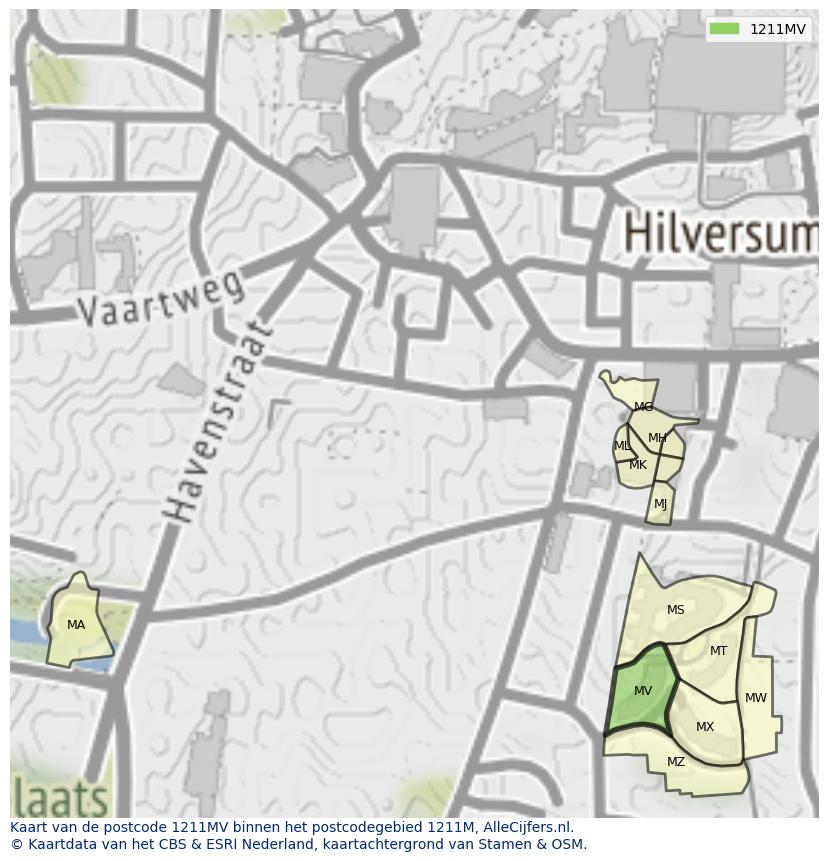 Afbeelding van het postcodegebied 1211 MV op de kaart.