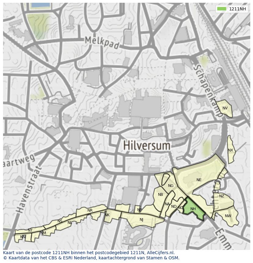 Afbeelding van het postcodegebied 1211 NH op de kaart.