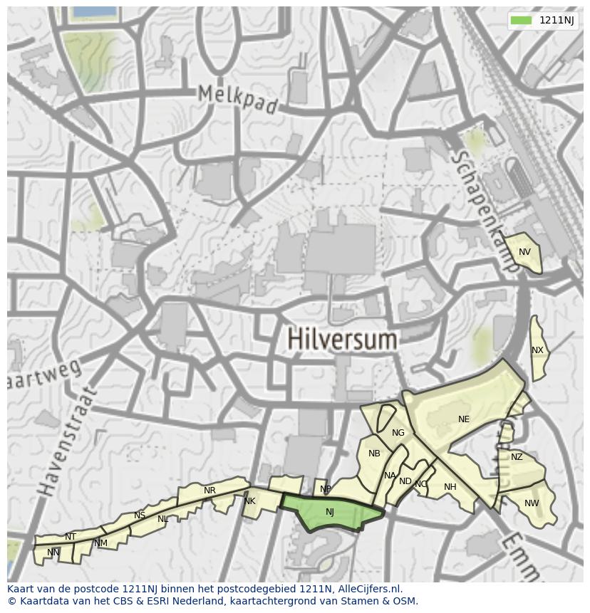 Afbeelding van het postcodegebied 1211 NJ op de kaart.