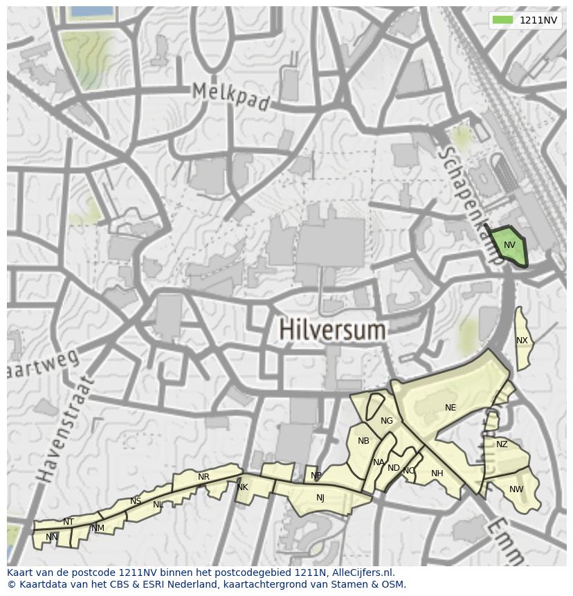 Afbeelding van het postcodegebied 1211 NV op de kaart.